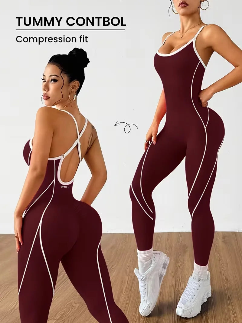 Women Contrast Piping Yoga Jumpsuit Thin Strap Open Back One Piece Workout Bodysuit High Elastic Slim Fitness Gym Sports Rompers — view 13