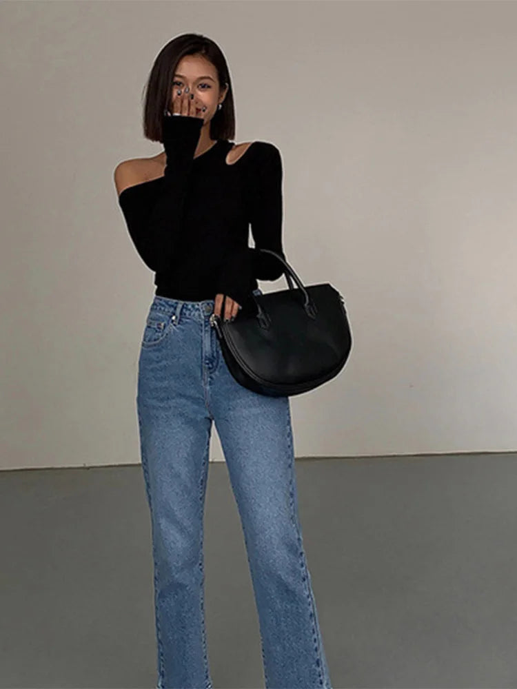Fashion Skew Collar Off-shoulder Long-sleeved T-shirts Women Spring New Solid Slim Fit Crop Top Sexy Hollow Out Tees Shirts — view 3