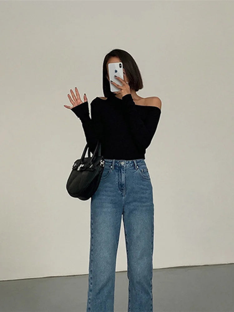 Fashion Skew Collar Off-shoulder Long-sleeved T-shirts Women Spring New Solid Slim Fit Crop Top Sexy Hollow Out Tees Shirts — view 2