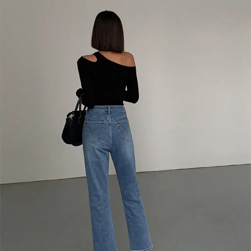 Fashion Skew Collar Off-shoulder Long-sleeved T-shirts Women Spring New Solid Slim Fit Crop Top Sexy Hollow Out Tees Shirts — view 16