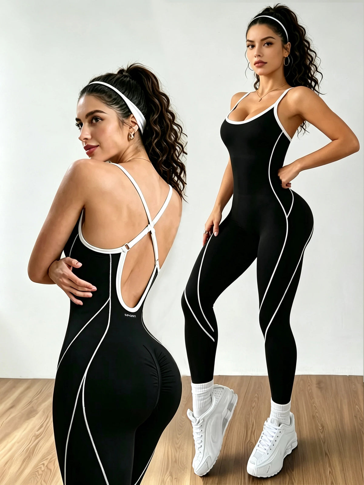 Women Contrast Piping Yoga Jumpsuit Thin Strap Open Back One Piece Workout Bodysuit High Elastic Slim Fitness Gym Sports Rompers — view 8