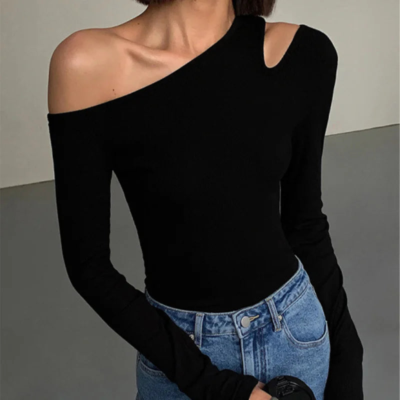 Fashion Skew Collar Off-shoulder Long-sleeved T-shirts Women Spring New Solid Slim Fit Crop Top Sexy Hollow Out Tees Shirts — view 14