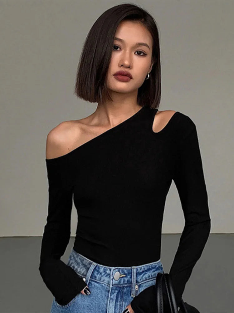 Fashion Skew Collar Off-shoulder Long-sleeved T-shirts Women Spring New Solid Slim Fit Crop Top Sexy Hollow Out Tees Shirts — view 1