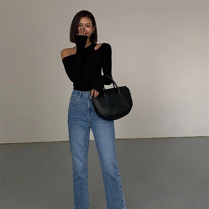 Fashion Skew Collar Off-shoulder Long-sleeved T-shirts Women Spring New Solid Slim Fit Crop Top Sexy Hollow Out Tees Shirts — view 15
