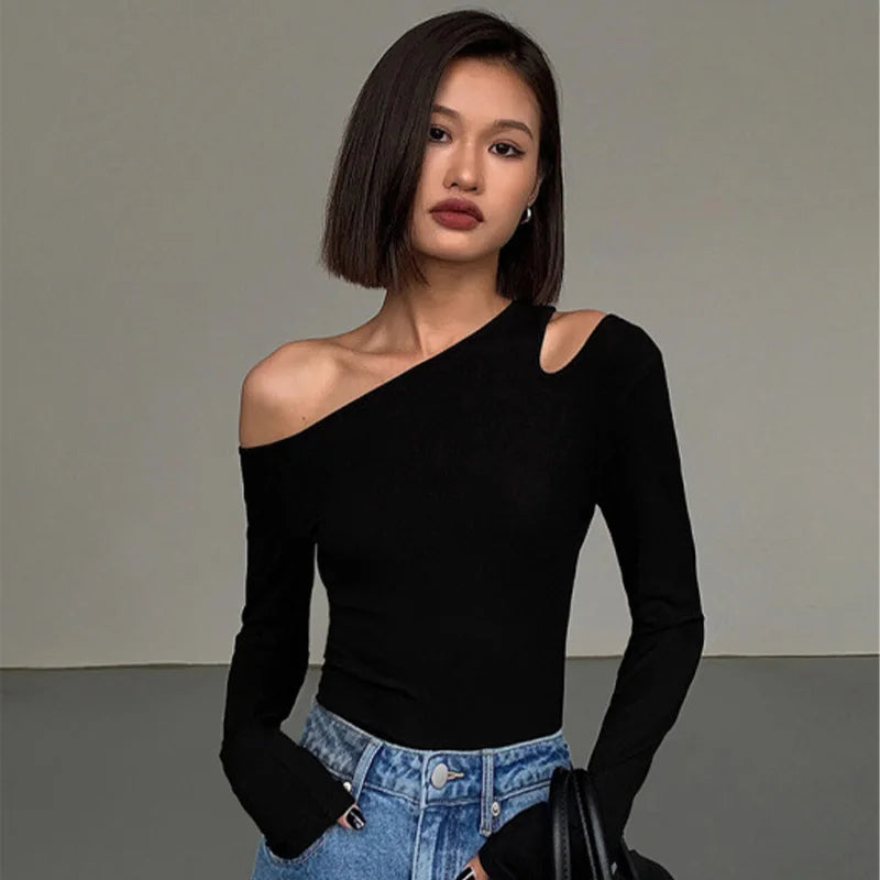 Fashion Skew Collar Off-shoulder Long-sleeved T-shirts Women Spring New Solid Slim Fit Crop Top Sexy Hollow Out Tees Shirts — view 13