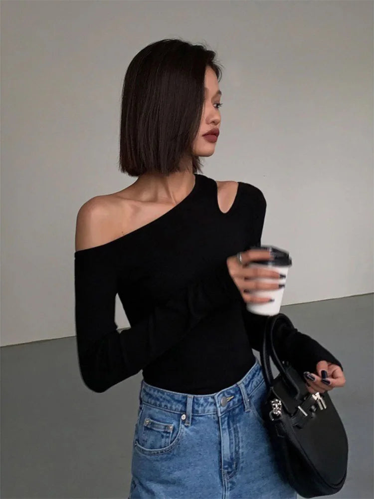 Fashion Skew Collar Off-shoulder Long-sleeved T-shirts Women Spring New Solid Slim Fit Crop Top Sexy Hollow Out Tees Shirts — view 4