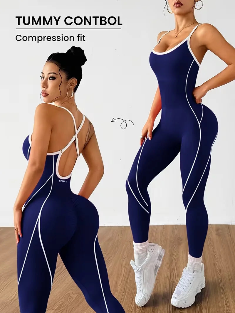Women Contrast Piping Yoga Jumpsuit Thin Strap Open Back One Piece Workout Bodysuit High Elastic Slim Fitness Gym Sports Rompers — view 11
