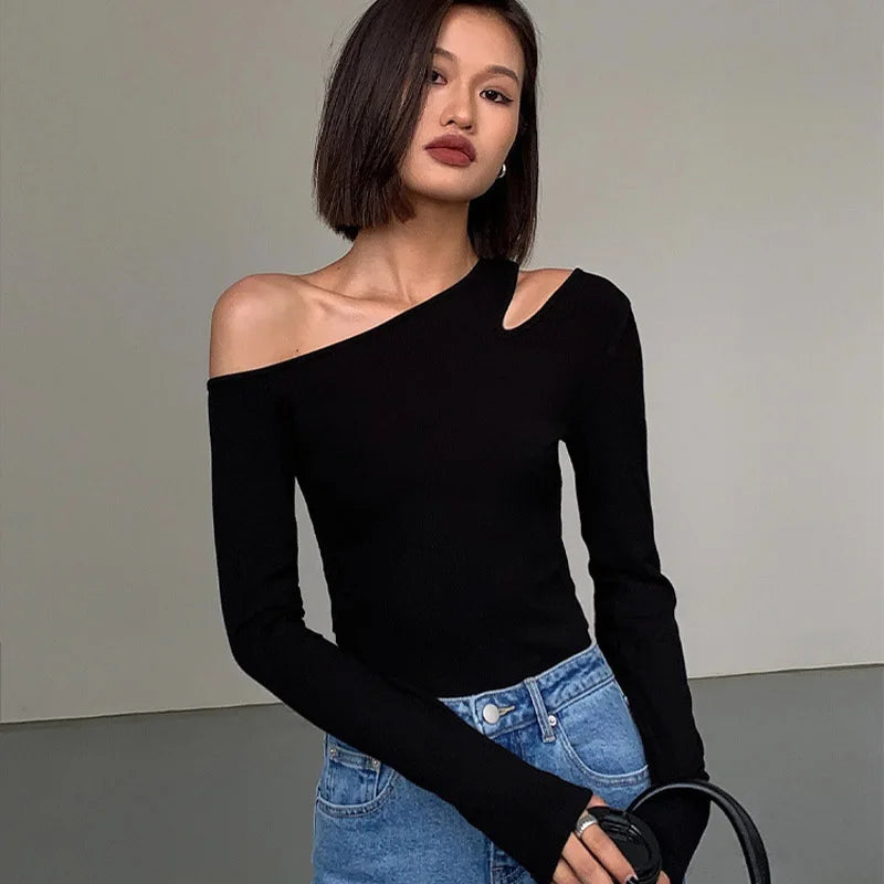 Fashion Skew Collar Off-shoulder Long-sleeved T-shirts Women Spring New Solid Slim Fit Crop Top Sexy Hollow Out Tees Shirts — view 10