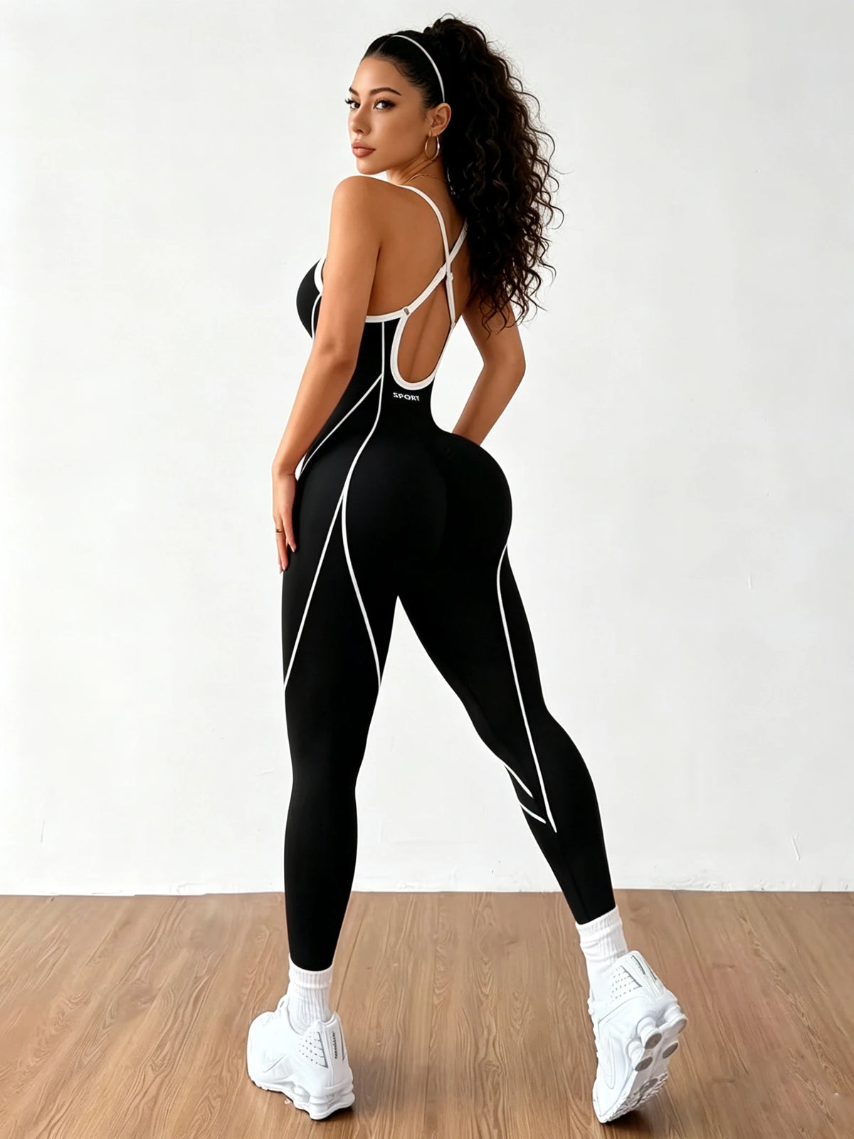 Women Contrast Piping Yoga Jumpsuit Thin Strap Open Back One Piece Workout Bodysuit High Elastic Slim Fitness Gym Sports Rompers — view 6