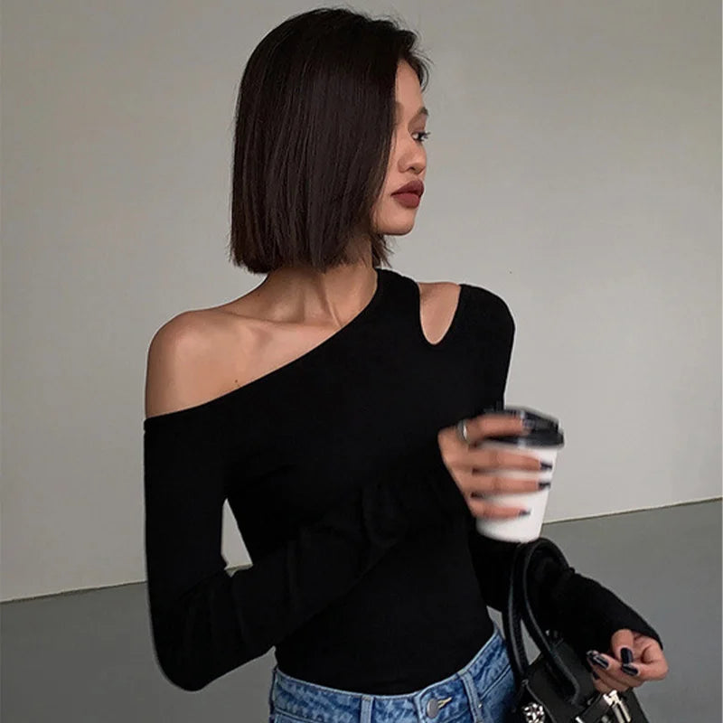 Fashion Skew Collar Off-shoulder Long-sleeved T-shirts Women Spring New Solid Slim Fit Crop Top Sexy Hollow Out Tees Shirts — view 12