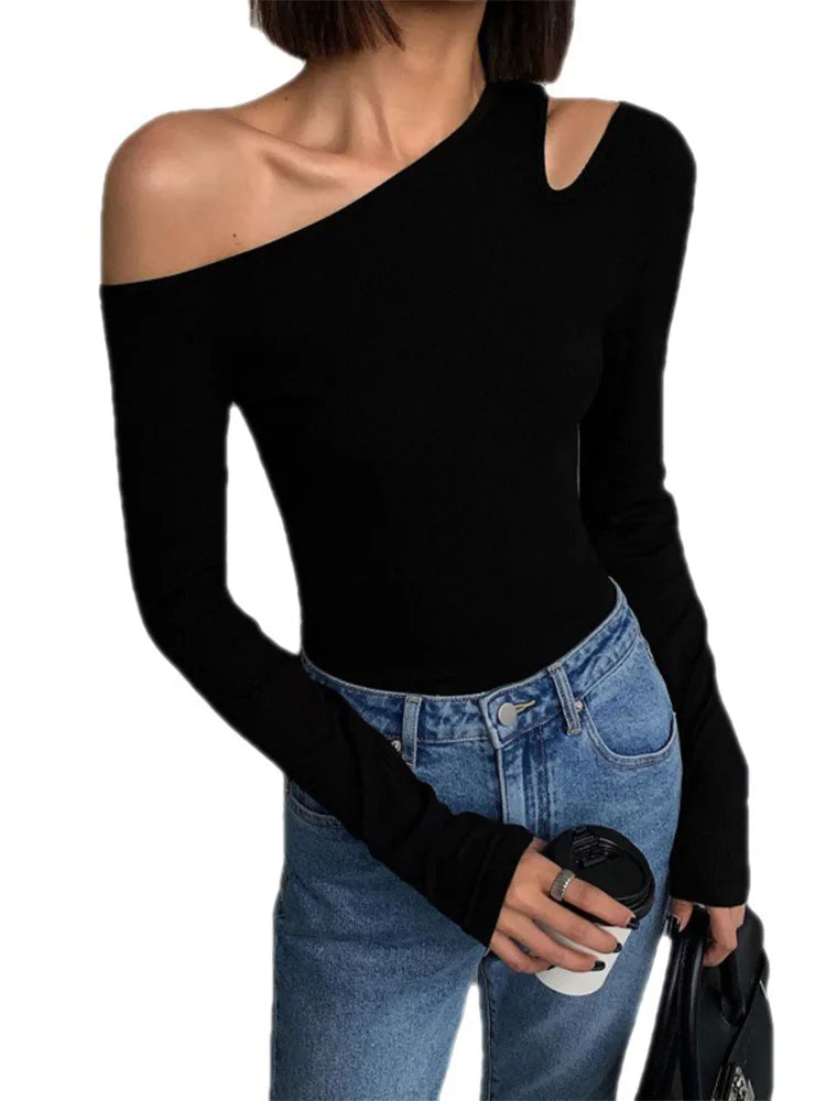 Fashion Skew Collar Off-shoulder Long-sleeved T-shirts Women Spring New Solid Slim Fit Crop Top Sexy Hollow Out Tees Shirts — view 6