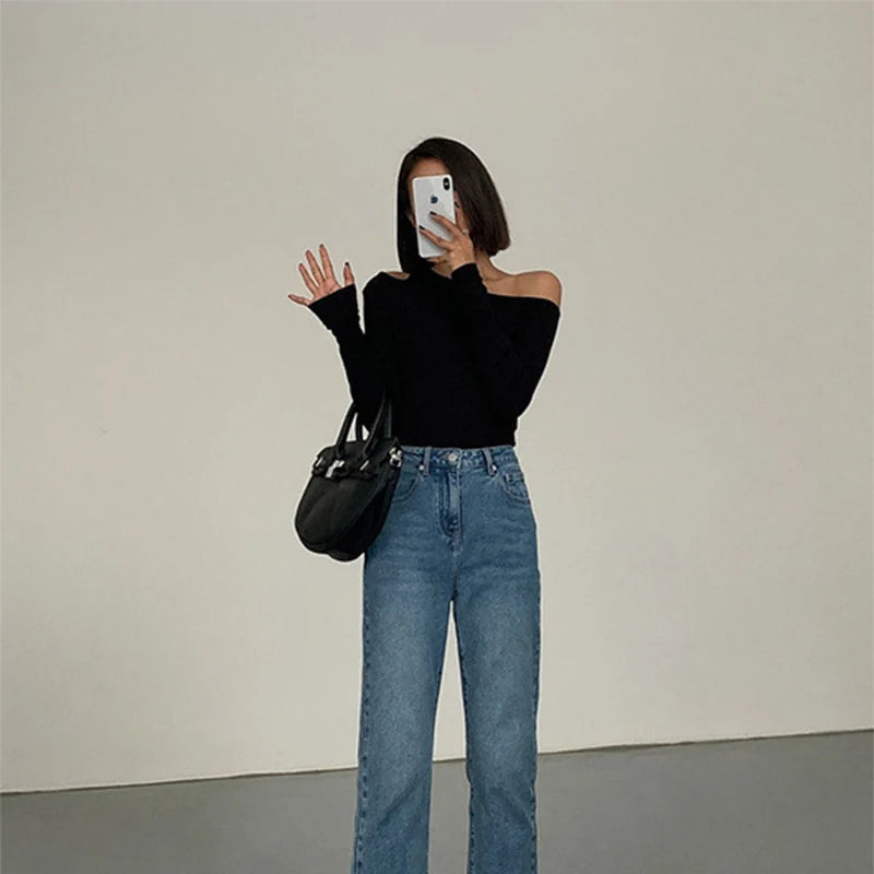 Fashion Skew Collar Off-shoulder Long-sleeved T-shirts Women Spring New Solid Slim Fit Crop Top Sexy Hollow Out Tees Shirts — view 11